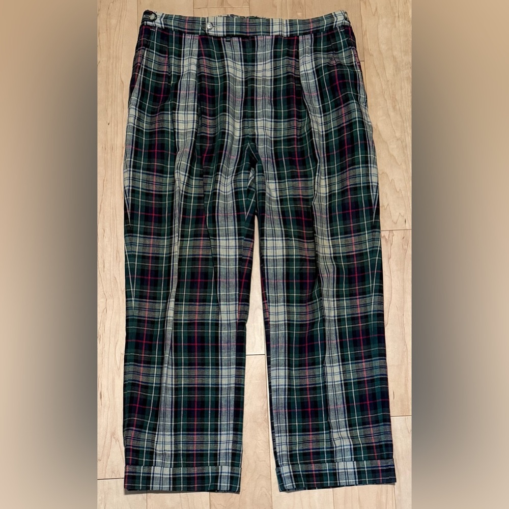 VTG Polo Ralph Lauren Linen Cotton Pleated Pants Tartan Plaid USA 36 (Fit 37x29)